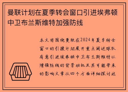 曼联计划在夏季转会窗口引进埃弗顿中卫布兰斯维特加强防线 曼联计划在夏季转会窗口引进埃弗顿中卫布兰斯维特加强防线