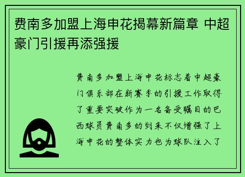 费南多加盟上海申花揭幕新篇章 中超豪门引援再添强援